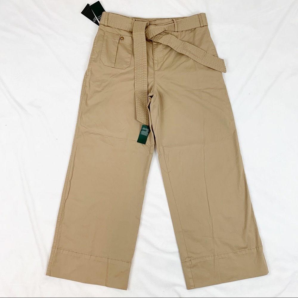 Tie Waist high rise wide leg cropped pants‎ beige